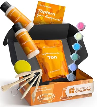 Töpferset für Einsteiger – 17-teiliges Keramik- und Modellierset mit Werkzeugen, Farben & Ton – Mini Set zum Töpfern inkl. Acrylfarben, Pinsel, Tonmasse & Zubehör von KreaBella