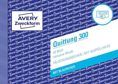 AVERY Zweckform 300 Quittungsblock (A6 quer, 50 Blatt, fälschungssicher, inkl. MwSt., mit 1 Blatt Blaupapier, für Deutschland und Österreich) weiß