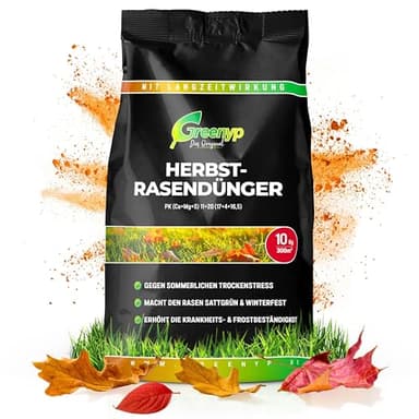 Greenyp Herbstrasendünger Langzeit (20kg / 600m²) I mit 90 Tage Langzeitwirkung + extra Kalium I macht den Rasen Winterfest & Tiefgrün I Herbstdünger Rasen Rasendünger Herbst