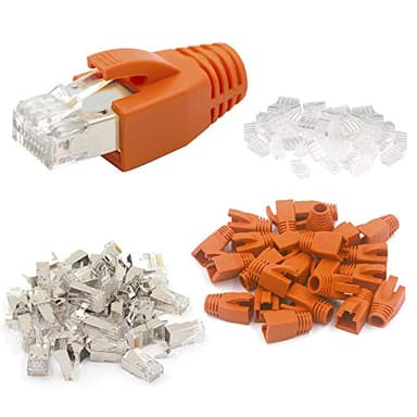 VCE RJ45 Stecker CAT7 CAT6A, 10X Netzwerkstecker POE, Lan Stecker für Verlegekabel, Installationskabel 10GBit Geschirmt mit Einfädelhilfe und Knickschutz (orange)