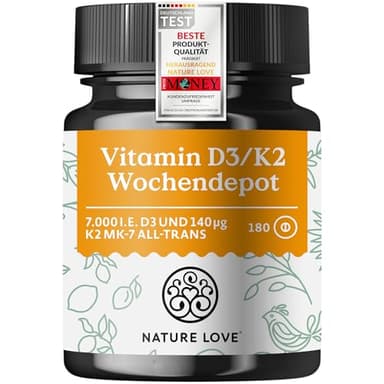 Nature Love Vitamin D3 K2 Wochendepot - 180 vegane Tabletten - 7000IE D3 + 140µg K2 pro Tablette mit >99,7% all-trans - Hochdosiert & vegan - Laborgeprüft, in Deutschland produziert
