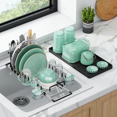 Aufworld Erweiterbarer Geschirrtrockner aus 304 Edelstahl (rostfrei) – Mit Silikon-Abtropfschale & Besteckablage, Spülenablage für 35-48 cm Küchenspülen, Platzsparendes Abtropfgestell über der Spüle