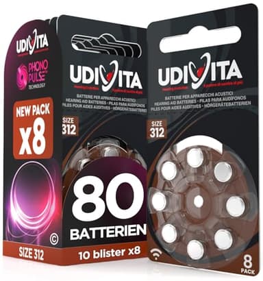 80 Batterien für Hörgeräte Größe 312 Udivita (Braun) PR41 Zink-Luft mit Phono Pulse Technologie - 10 Blister mit 8 Batterien