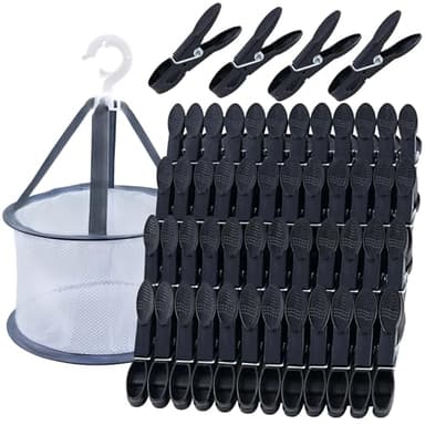 KEYBOO 48 Stück Black Wäscheklammern with Korb, Windfeste Bunte klammerbeutel für wäscheklammern, Plastik Wäscheklammerns Ohne Abdruck sockenklammern für Wäscheleinen und Kleidung, Socken