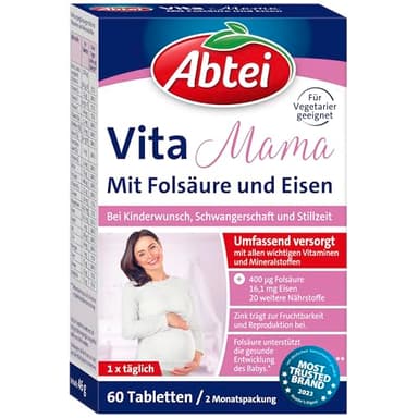 Abtei Vita Mama - Nahrungsergänzungsmittel bei Kinderwunsch, Schwangerschaft und Stillzeit - mit allen wichtigen Vitaminen und Mineralstoffen - vegetarisch – 1 x 60 Tabletten