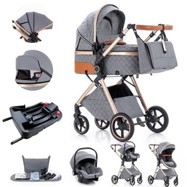 Gcarebb 3 in 1 Kinderwagen Reisesystem mit Isofix-Basis, Kinderwagen mit höhenverstellbarem Griff, Reisewagen mit Regenschutz, Baby-Kinderwagen mit Aluminiumrahmen für Neugeborene