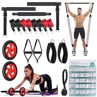 HSYFUNA Fitnessbänder Pilates Bar Set mit 8 Widerstandsbänder 20/30/40/50 lbs, Resistance Bands Set mit Stange, Griffe, Türanker, Fußschlaufen, Tragbarer Handtasche, für Indoor Home Gym und Outdoor