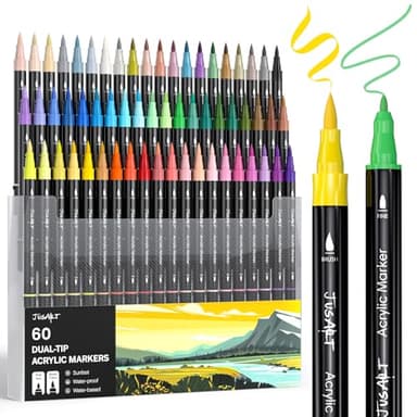 JusArt 60 Acrylstifte mit Doppelspitze, Pinsel und feine Spitze, Acrylic Marker Wasserfest, Premium-Farbstifte für Holz, Leinwand, Eier, Stein, Stoff, Felsen, Metall, Glas, Keramik,Geschenke