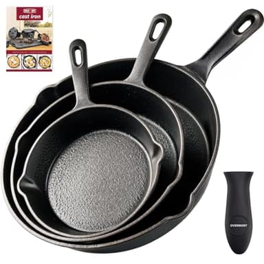 OVERMONT Grillpfanne Gusseisen mit Griff - Gusseisenpfanne 3 Stücke Set - Voreingebrannte Steakpfannen Bratpfanne - Cast Iron Pan für Gasgrill Backofen Kohlegrill