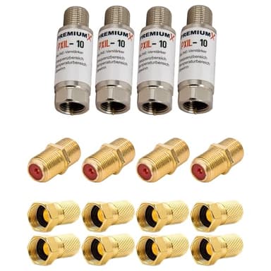 Premium X 4X PXIL-10 Mini Inline Verstärker 20dB für SAT und DVB-T Leistungsverstärker 5-2500 MHz 4X F-Verbinder 8X F-Stecker 7mm
