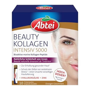 Abtei Beauty Kollagen Intensiv 5000 - Für natürliche Schönheit von innen - 5 g Kollagen-Peptide, Hyaluronsäure, Zink und Vitamin C - Hochdosiert, zuckerfrei - 10 Trinkampullen