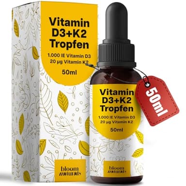 Vitamin D3 K2 Tropfen hochdosiert - 50 ml - 1.000 IE D3 + 20 µg K2, Vitamin D produziert in Deutschland - Verpackung kann variieren Laborgeprüft