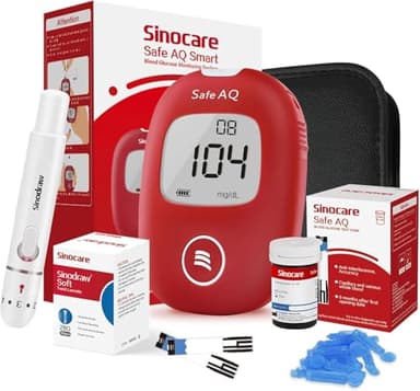 Sinocare Blutzuckermessgerät Set mit Teststreifen & Lanzetten (25+25 Stück) - Einfach zu bedienen - Ideal für unterwegs und Reise - mg/dL - Safe AQ Smart
