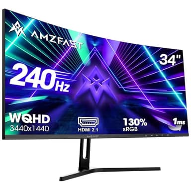 Amzfast 34 Zoll Curved Gaming Monitor, 3440x1440 UWQHD, 240Hz, 21:9 VA Panel, 1500R, 1ms MPRT, Adaptive Sync, HDR, DCI-P3 98%, sRGB 130%, Pip/PBP, HDMI2.1 & DP1.4, VESA 75x75mm, AMZG34C5Q Pro