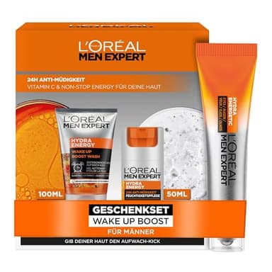 L'Oréal Men Expert kühlendes Pflegeset für Männer, Geschenkset mit Waschgel, Gesichtscreme, Augen Roll-On, Set für Herren mit Vitamin C, Hydra Energy, 3-teilig