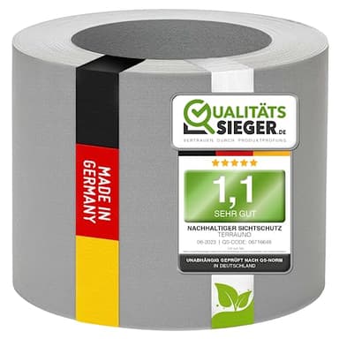 TerraUno Nachhaltige Sichtschutzstreifen für Doppelstabmatten, Polypropylen, Made in Germany, RAL 7040 Grau, 26m x19cm Rolle, extra stabil, Lederoptik, Zaun Sichtschutz mit UV-Beständigkeit