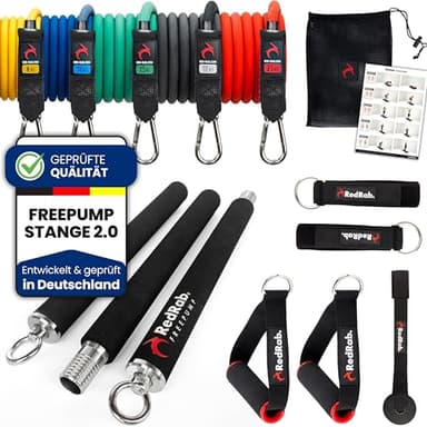 RED RAB Fitnessbänder Set mit Stange – Fitness Stange für Widerstandsbänder Krafttraining & Pilates Training Zuhause – Smart Workout Bar mit 5 Resistance Bands & Trainingsbänder als Home Gym Equipment