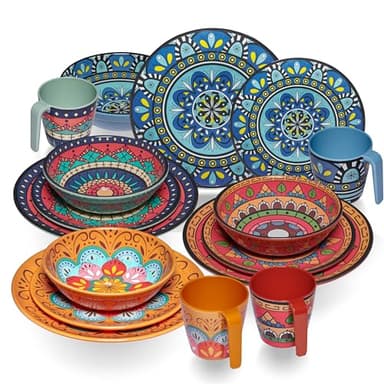 Melamin Geschirr Set Toskana Pastel für 4 Personen - 16 Teile - BUNT - Mandala-Optik Spülmaschinengeeignet Essgeschirr Campingzubehör Campinggeschirr Wohnwagen Camping Festival Picknick Gartenparty