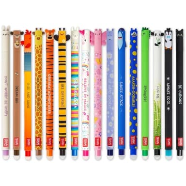 LEGAMI - Set of 16 Erasable Gel Pens with Thermosensitive Erase Ink, 0.7mm Tip, Animal Designs'