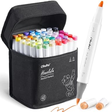 Ohuhu Alkohol Marker mit Pinselspitze: 48 Farben Doppelspitziges Künstlermarker-Set für Erwachsene zum Illustrieren und Kolorieren - Honolulu – Pinsel & Breitspitze – Nachfüllbar