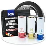 NTG 3tlg Steckschlüsselsatz 1/2 Zoll Schoneinsätze für Alufelgen 17 19 21 mm Schlagschrauber Nüsse Cr-Mo Schonnüsse Radwechsel Felgenschutz Set mit Kunststoff-Einsatz im Koffer