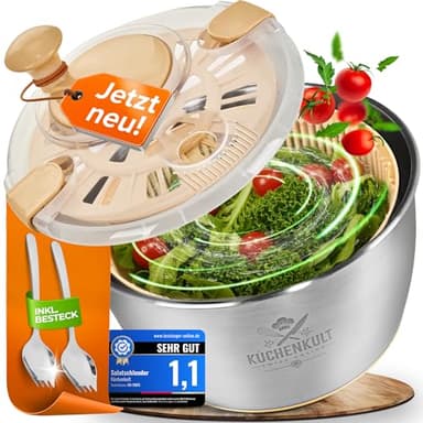 KüchenKult Edelstahl Salatschleuder Salatschüssel Frischhaltedeckel - Premium Küchenhelfer - Salad Spinner, Rutschfester Boden, Küchensieb, Rührschüssel BPA - Frei