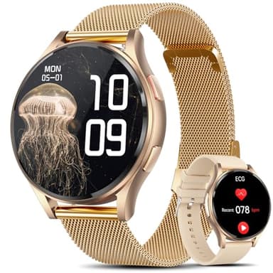 Lgnitek Smartwatch Damen mit EKG+HRV/ΒΙυtzυcker/ΒΙυtdrυck/BMI/Harnsäure, Rund 1,43" AMOLED Gesundheitsuhr mit Telefonfunktion, 24H Pulsuhr Schlafmonitor Menstruationszyklus Fitness Tracker iOS Android