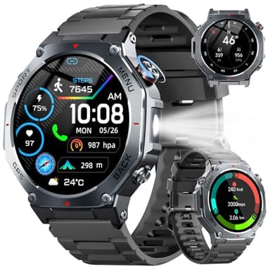 Smartwatch Herren GPS, 1,43"AMOLED Militär Fitnessuhr mit Bluetooth Anrufe, Kompass 160+ Sportmodi, 5ATM Wasserdicht, 24/7 Herzfrequenz, Schlafmonitor, Schrittzähler, Sportuhr Outdoor Android für iOS