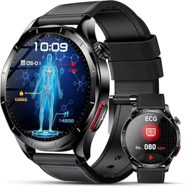 Lgnitek Smartwatch Herren mit EKG+HRV/ΒΙυtdruckmessung/ΒΙυτzυcker/Harnsäure/BMI, 1,43 Zoll AMOLED Gesundheitsuhr mit SOS-Notruf, 24/7 Herzfrequenz/Apnoe/Schlafmonitor/SpO2, Android/iOS