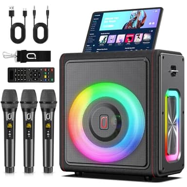HWWR Karaoke Maschine mit 3 drahtlosen Mikrofones, Tragbaren Bluetooth 5.3 Karaoke Anlage Lautsprecher mit RGB-Licht für Hausparty, PA-System für Erwachsene Partybox Unterstützt,TWS