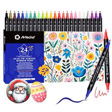 Artecho Acrylstifte 24 Farben, 0.5-5mm Wasserfester Dual Tip Marker (Pinsel und feine Spitze), mit doppelten Enden für Rock Painting, Glas, Papier, Holz, Ei, Leinwand, Keramik, Stoff, DIY Crafts