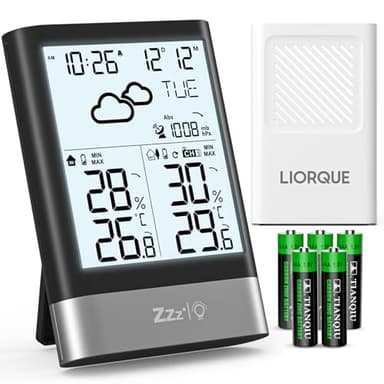 LIORQUE Wetterstation Funk mit Außensensor, Digital DCF-Funkuhr Thermometer Hygrometer Innen Außen Funkwetterstation mit Wettervorhersage, Uhrzeitanzeige, Doppelwecker, Batteriebetrieben