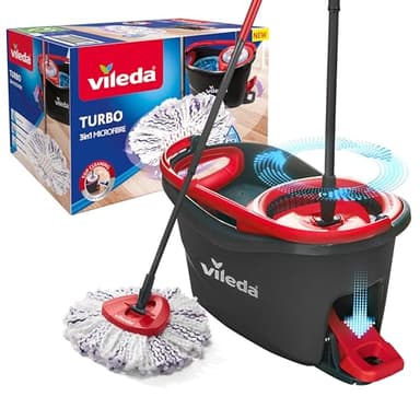 Vileda Turbo 3in1 Komplett-Set| Wischmopp mit Mikrofaser-Moppkopf gegen hartnäckigen Schmutz| Eimer mit Pedal-Schleuder -Für alle Böden| Entfernt 99 % der Bakterien,Teleskopstiel 85–123 cm |Mehrfarbig