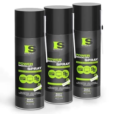 3 x 400 ml Spraytive Power Druckluftspray/Druckluftreiniger: Mit 10cm Sprühverlängerung - Druckluft aus der Dose Air Duster - Reinigung von Tastatur, PC/Computer, PS5, Xbox, Kamera - Made in Germany!
