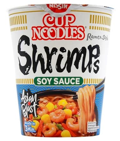 Nissin Cup Noodles – Soy Sauce Shrimps, 8er Pack, Soup Style Instant-Nudeln japanischer Art, mit Schrimp-Geschmack, Soja Sauce & Gemüse, schnell im Becher zubereitet, asiatisches Essen (8 x 63 g)