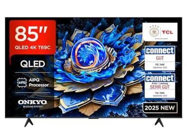 TCL 85T69C 85 Zoll QLED, Direct LED TV, 4K HDR TV, Smart Google TV (Dolby Vision & Atmos, Motion Clarity, Onkyo 2.1 Sound, Kompatibel mit Google Assistant & Alexa)