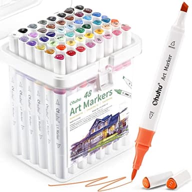 Pinselmarker auf Alkoholbasis, Ohuhu 48-Farben Pinsel & Meißel Doppelspitzen Kunstmarker mit Tragetasche für Künstler Erwachsene Anfänger Skizzieren Zeichnen Färben Landschaft Architektonisches Design