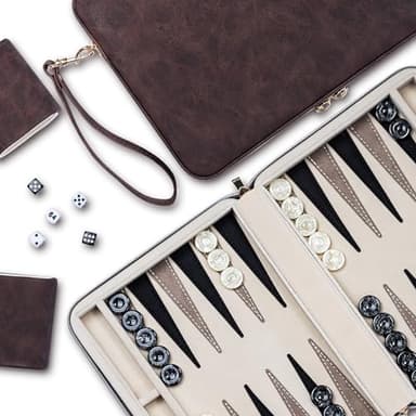 Backgammon-Sets für Erwachsene, klassisches Brettspiel mit faltbarem Kunstleder Backgammonetui, tragbares Reise-Backgammon-Set, inklusive 30 künstlichen Horn-Checkern (Brown)