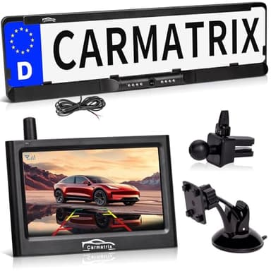 CARMATRIX Funk Auto KFZ Rückfahrkamera kabellos Nummernschild 4,3" Monitor Rückfahrsystem mit IR Nachtsicht im Kennzeichenhalter Digital zum Nachrüsten, wasserdicht Einparkhilfe ohne Solar (Kabel 1)