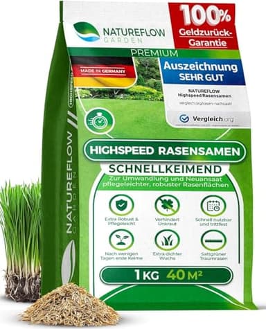 Rasensamen Schnellkeimend Frühjahr – TEST SEHR GUT – Grassamen Schnellkeimend für Rasen & Rasen Nachsaat 1kg 40qm – Rasensaat für Nachsaat Rasen Frühjahr, Saisonstart, kräftiges Wachstum