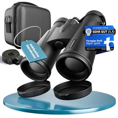 AlpinSpirit© Fernglas 8x42 inkl. Hardcase & Zubehör (Testsieger) – geeignet für Brillenträger - kompaktes & leichtes Fernglas - wasserabweisend,FMC+BAK4, Binocular für Kinder & Erwachsene(schwarz)