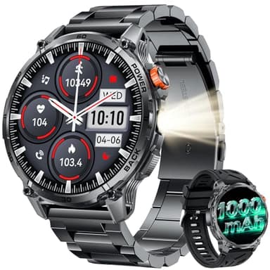 Smartwatch Herren mit Telefonfunktion Outdoor Sportuhr: 1,85''HD Smart Watch mit Herzfrequenz Schlafmonitor Blutdruck Schrittzähler Fitnessuhr mit 1000mAH Akku LED Taschenlampe Kompatibel Android iOS