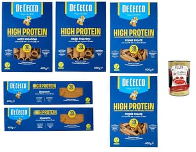 De Cecco High Protein Pasta Set 6x400g – Spaghetti, Mezzi Rigatoni & Penne Rigate, 30% Protein, vegane italienische Hartweizen Pasta für Fitness & Sportler + Italian Gourmet polpa