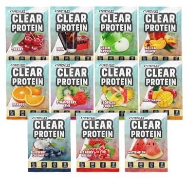 Clear Protein Vegan PROBEN-PAKET - 11x18g Mix-Pack - alle 11 einzigartig leckeren Geschmacksrichtungen wie z.B. Ice Tea Peach, Tropical Fruits, Green Apple, Strawberry Kiwi, Cola und vieles mehr