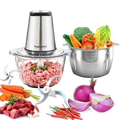 Küchenmaschine 500W, Zerkleinerer mit 2 Klingensätzen, Fleischwolf mit Zwei 2L Schüsseln (Glas + Stahl), Spülmaschinenfester Elektrischer Zerkleinerer zum Zerkleinern von Fleisch, Babynahrung & Nüssen