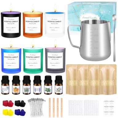 Kerzen Selber Machen Set,236 Pcs DIY Kerzenherstellung Kit,Duftkerze Geschenke Set mit 6 Glas,500g Bienenwachs,1 hitzebeständiger Behälter,6 Duftöle,8 Farbblöcke,1 Rührlöffel,Dochthalter Dochte