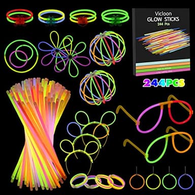 Vicloon Knicklichter Party Set, 100 Neon Leuchtstäbe mit 144 Verbinder, 7 Tolle Farben Knicklichter Kinder, Brillen, Ohrringe viel Zubehör für Hochzeiten Festivals Party Halloween Weihnachten Deco