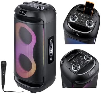 Reflexion PSX40BT Mobiler Buetooth Partylautsprecher, DJ, Karaoke, 500 Watt, FM PLL Stereo Radio, Discobeleuchtung mit Modi-Auswahl, inkl. Mikrofon, Lithium Akku