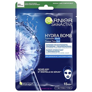 Garnier Tuchmaske Nacht, Gesichtsmaske für müde und empfindliche Haut, Regenerierend und feuchtigkeitsspendend, Mit Hyaluronsäure, Tiefesswasser und Kornblumen-Extrakt, Hydra Bomb, 28 g