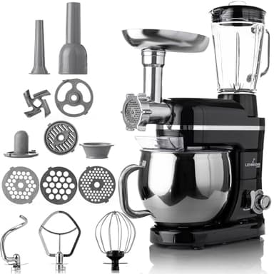 LEHMANN 3 in 1 Multifunktions Küchenmaschine mit Fleischwolf und 1.5L Standmixer, Knetmaschine mit 5L Edelstahlschüssel, 6 Geschwindigkeiten und Pulse, Rührmaschine mit großem Zubehör-Set